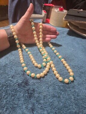 32 Inch Long Pearl  Like And Green Crystal Bead  Necklace